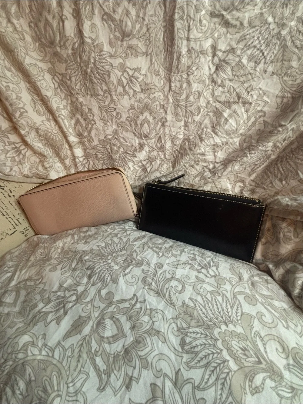 Women's Leather Zip Wallets - Black and Blush